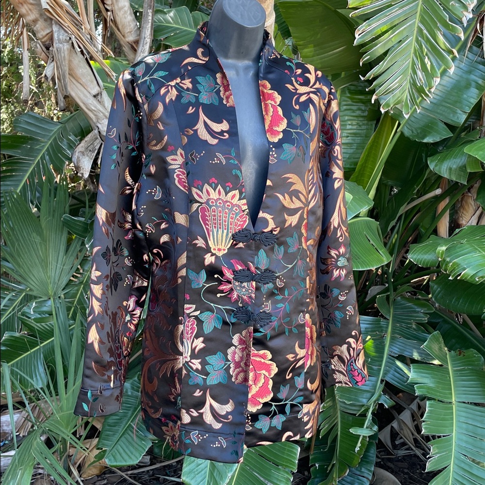 Gold dark floral brocade, Asian inspired jacket by soft surroundings
